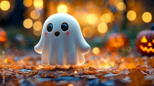 Cute ghost figurine in autumnal Halloween scene with pumpkins, use for children's Halloween designs