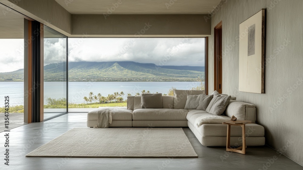 Fototapeta premium Modern living room with ocean view and large sofa