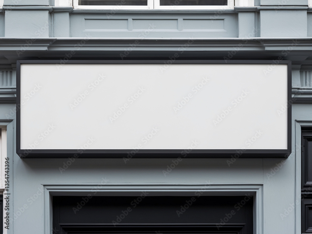 A blank rectangular storefront sign mounted on a classic building facade. Perfect for branding, advertising, or business promotion concepts. A blank rectangular storefront sign mounted on a classic building facade. Perfect for branding, advertising, or business promotion concepts.