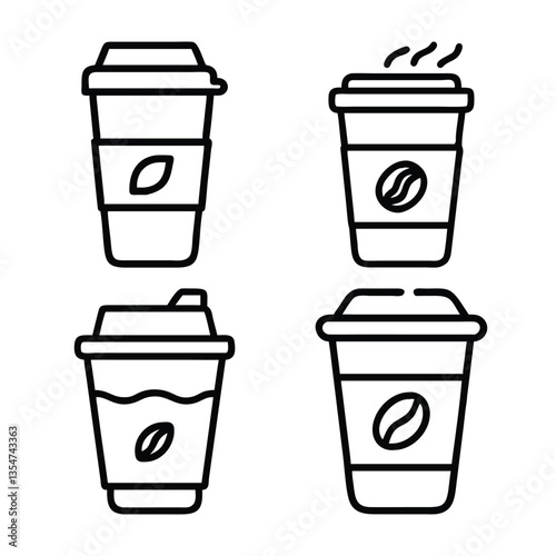 Four Line Art Illustrations of Disposable Coffee Cups
