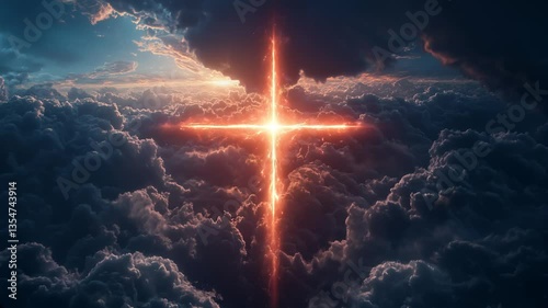 A bright red cross that appeared in the sky, breaking through dark, gloomy clouds, a cross that shines with incredible intensity, Christianity's symbol of the cross in the sky.