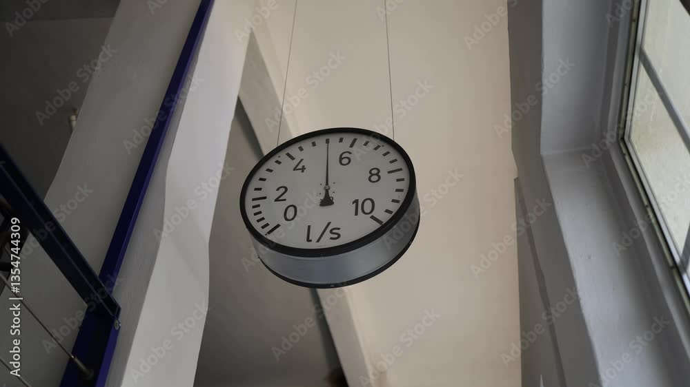 Large industrial-style flow meter hanging from the ceiling, marked in liters per second (L/s). Looks like a giant clock, but measures liquid flow instead of time.