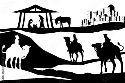 A Christmas nativity scene with baby Jesus in the manger, wise men and city of Bethlehem in the background