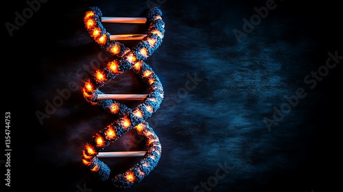 Fiery DNA helix on dark background.
