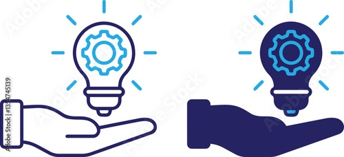 Innovation concept, hand holding lightbulb, gear inside bulb, blue and white icons, simple flat design, business idea illustration, creativity symbol, problem-solving visual, technology