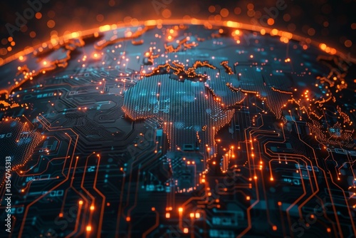 World map constructed from a circuit board with an artificial intelligence digital backdrop in vibrant orange and blue hues