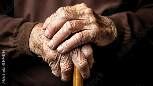 Close-up of an elderly man's hands resting on a stick, showcasing wrinkled skin that tells a story of age and wisdom. The image captures the essence of life’s journey and resilience.