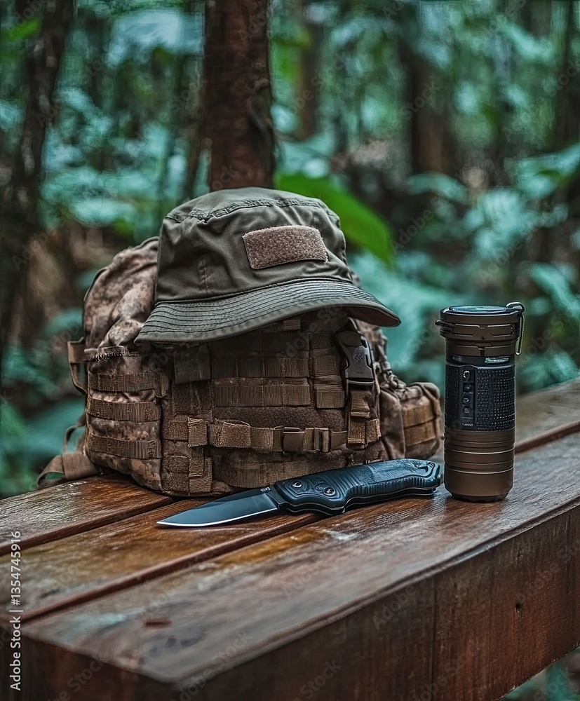 Obraz premium Survival equipment, bucket hat, backpack, camping knife, camping flashlight standing on wooden beam, jungle in background