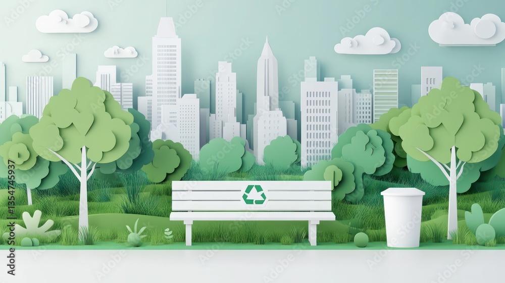 Naklejka premium Paper Art City Park, Recycling Symbol, Peaceful Scene