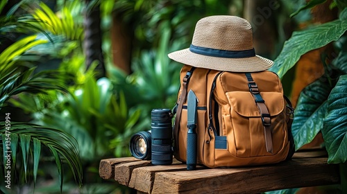 Fototapeta Naklejka Na Ścianę i Meble -  Survival equipment, bucket hat, backpack, camping knife, camping flashlight standing on wooden beam, jungle in background