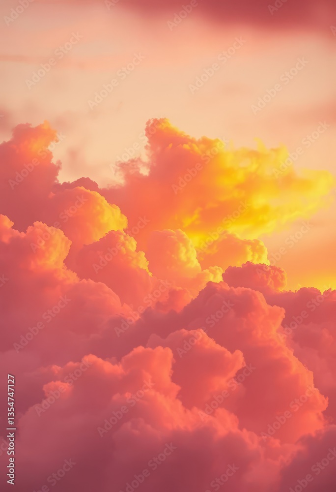 Fototapeta premium Fiery orange and pink clouds, soft wispy texture at sunset, twilight, colorful