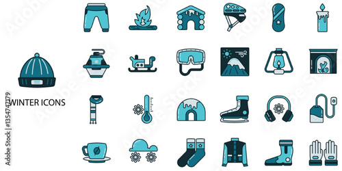 Winter simple concept 24 color icons set. Contains such warm, winter, cold weather .Vector illustration.