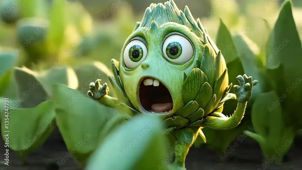 Cartoon artichoke character running, scared expression, garden background, fun, food illustration, for children's book