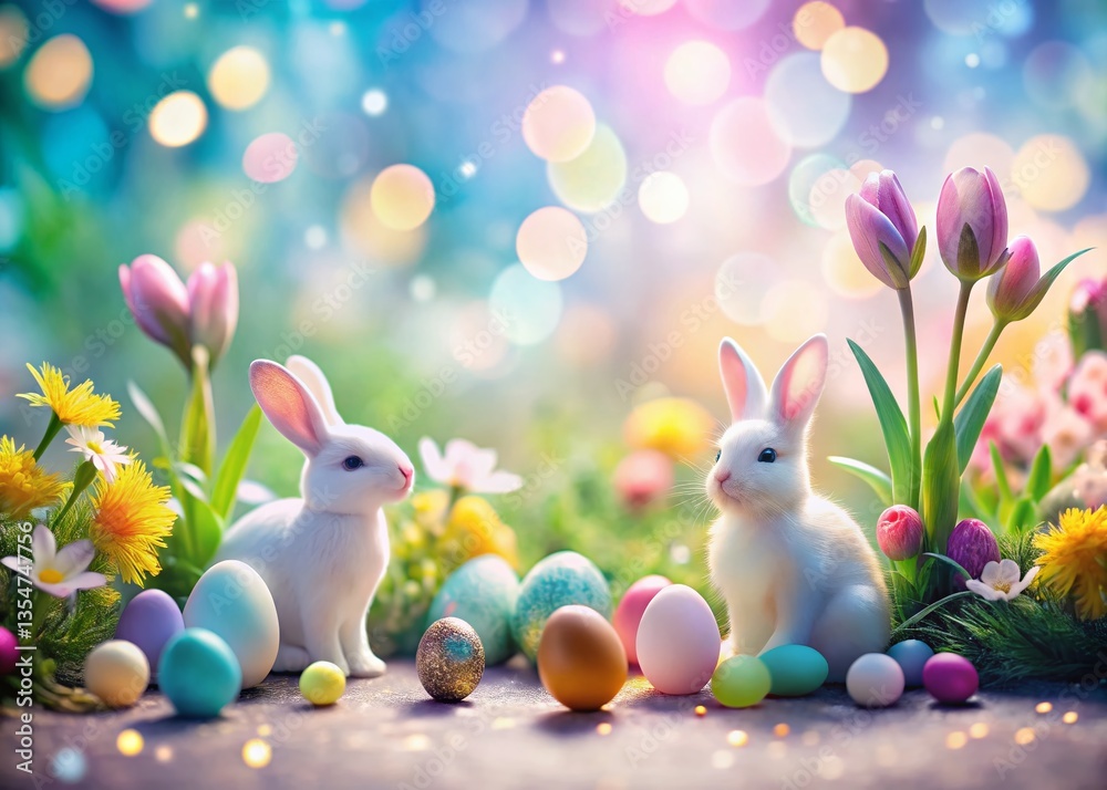 Fototapeta premium Pastel Easter Eggs & Bunnies Long Exposure Whimsical Spring Photography