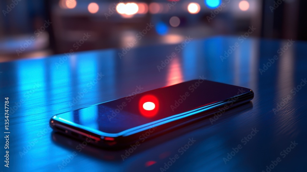 Smartphone on reflective surface at night, illuminated by colorful city lights. Smartphone on reflective surface at night, illuminated by colorful city lights.