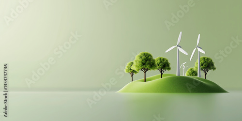 Minimalist eco landscape with wind turbines and trees on rolling green hills, symbolizing clean energy