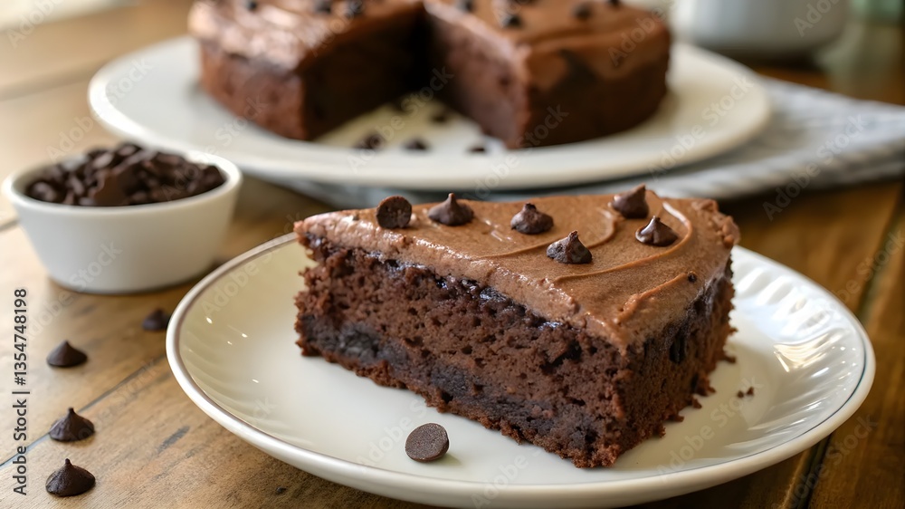 Plate with a slice of tasty homemade chocolate cake, placed on the table, showcasing its rich texture and delicious appearance. Plate with a slice of tasty homemade chocolate cake, placed on the table, showcasing its rich texture and delicious appearance.