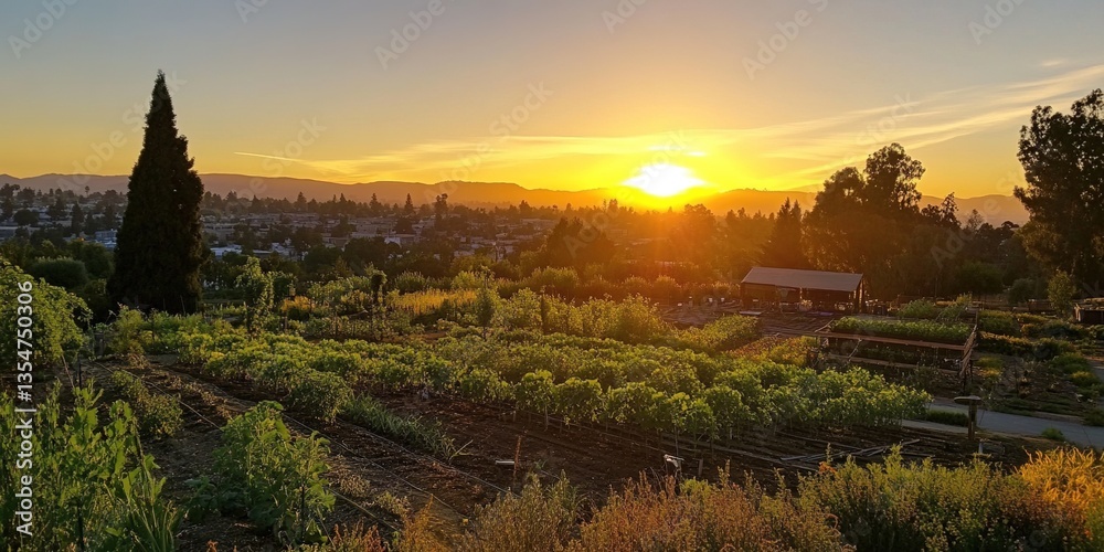Naklejka premium Sustainable agriculture practices combat climate change for food security in urban gardens at sunset