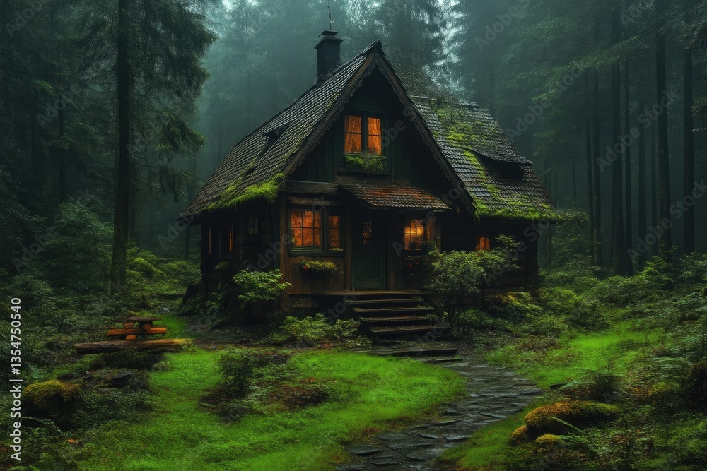 Mystical forest cabin bathed in warm light. Lush greenery surrounds a quaint, wooden home nestled deep within a misty forest Mystical forest cabin bathed in warm light. Lush greenery surrounds a quaint, wooden home nestled deep within a misty forest