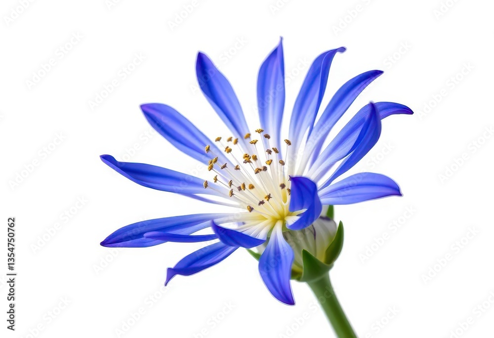 Naklejka premium Vibrant blue flower, petals unfurled against pure white background, intense, macro