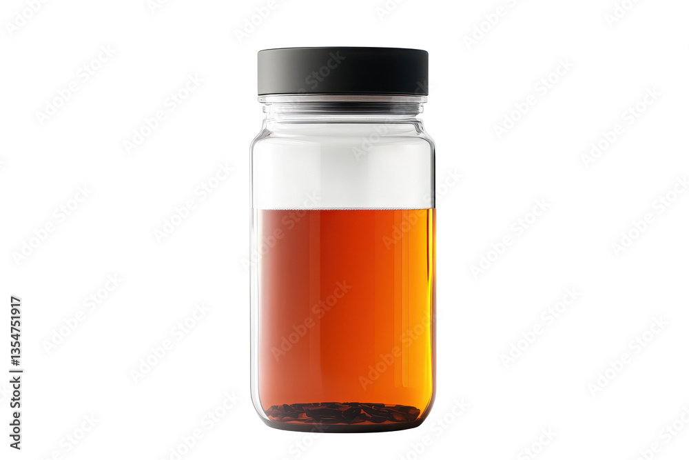 A clear glass jar with a black lid filled with a brown liquid on a black background in a studio shot A clear glass jar with a black lid filled with a brown liquid on a black background in a studio shot
