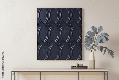Elegant Dark Blue Abstract Wall Art Piece with Modern Console Table photo