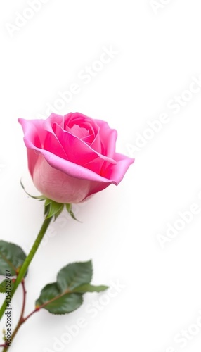A single pink rose, petals unfurled, isolated on pure white, floral, pink petals