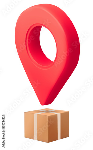 Cardboard delivery box with location pin. Logistics and distribution concept. Order or parcel tracking