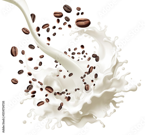 Roasted coffee beans air rotating with milk splash on white background