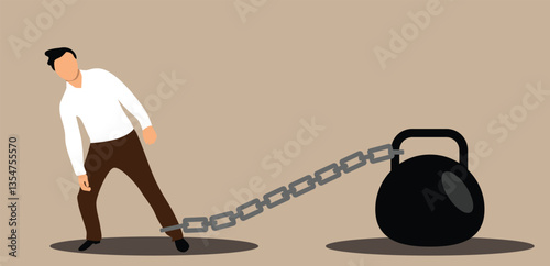 Business Man Chained to Heavy Weight Shackles. White collar worker and poor financial state vector art