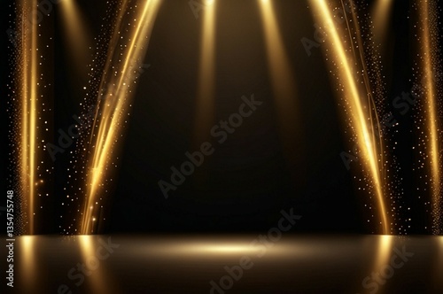 A luxurious event stage with multiple golden spotlights beaming down onto a polished wooden floor and black background