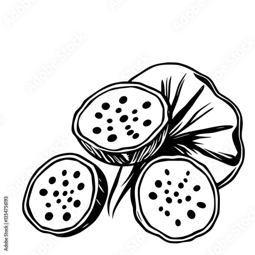 Tropical Exotic Fruitpalooza - Three Plump Pitahayas Bursting with Seeds in Striking Black and White