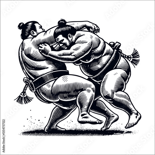 Sumo Wrestlers Grappling in Match – Black and White Woodcut Style Vector Illustration