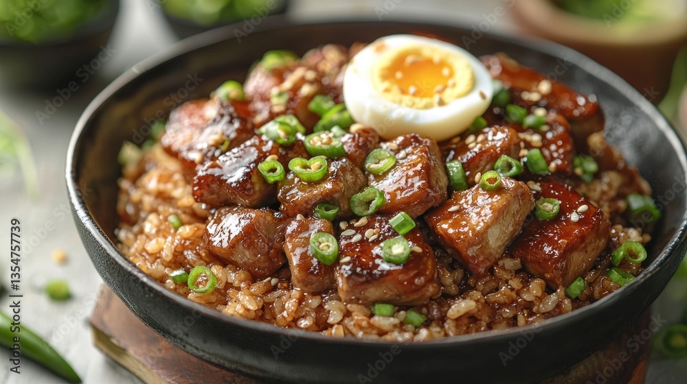 A warm serving of Filipino chicken adobo rice featuring tender chicken marinated in soy and vinegar, served atop garlic fried rice, garnished with a soft-boiled egg and slices of green chives A warm serving of Filipino chicken adobo rice featuring tender chicken marinated in soy and vinegar, served atop garlic fried rice, garnished with a soft-boiled egg and slices of green chives