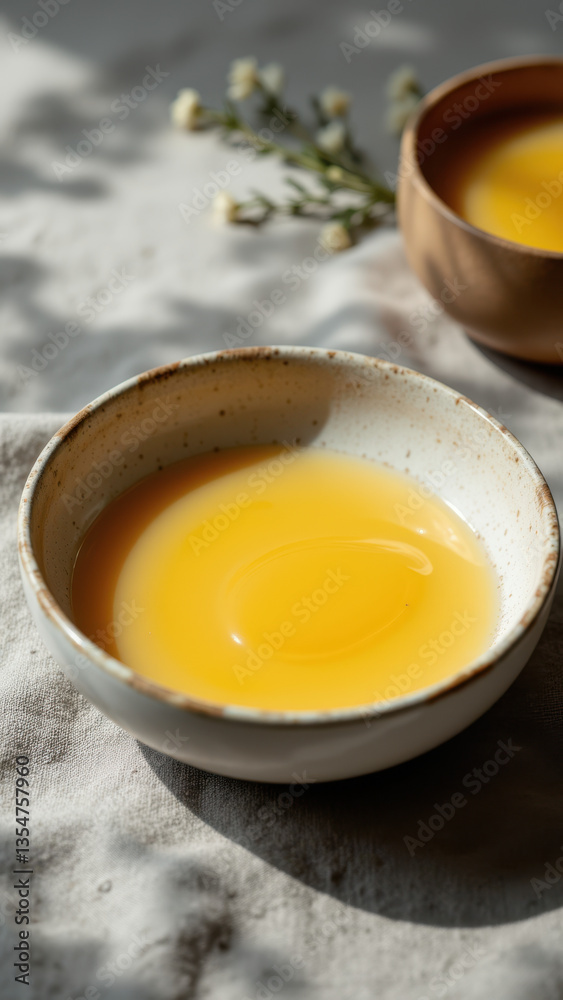 Bowl of golden beef tallow with rustic design on a cloth background. Bowl of golden beef tallow with rustic design on a cloth background.