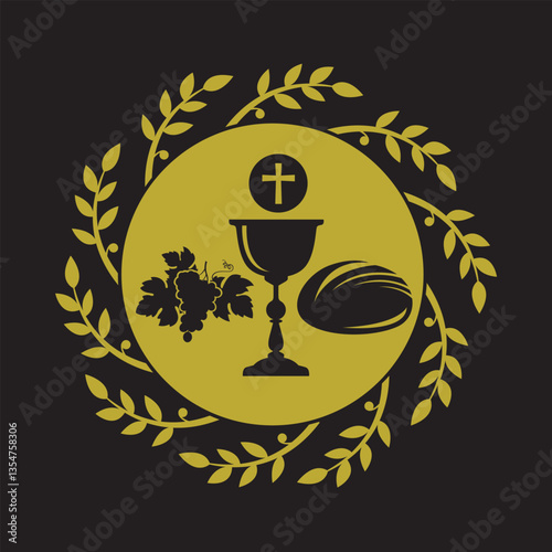 golden holy communion icon with chalice, grapes and bread isolated on black background