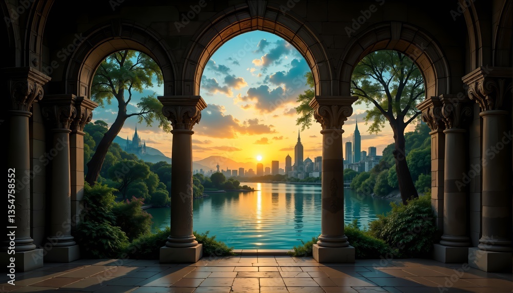 Fototapeta premium Architectural arches framing a scenic cityscape sunset reflecting on water, suitable for home decor print, travel advertisement, or inspirational art