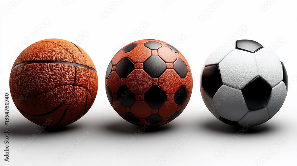 Dynamic trio of sports balls resting on a pristine white surface showcase Dynamic trio of sports balls resting on a pristine white surface showcase