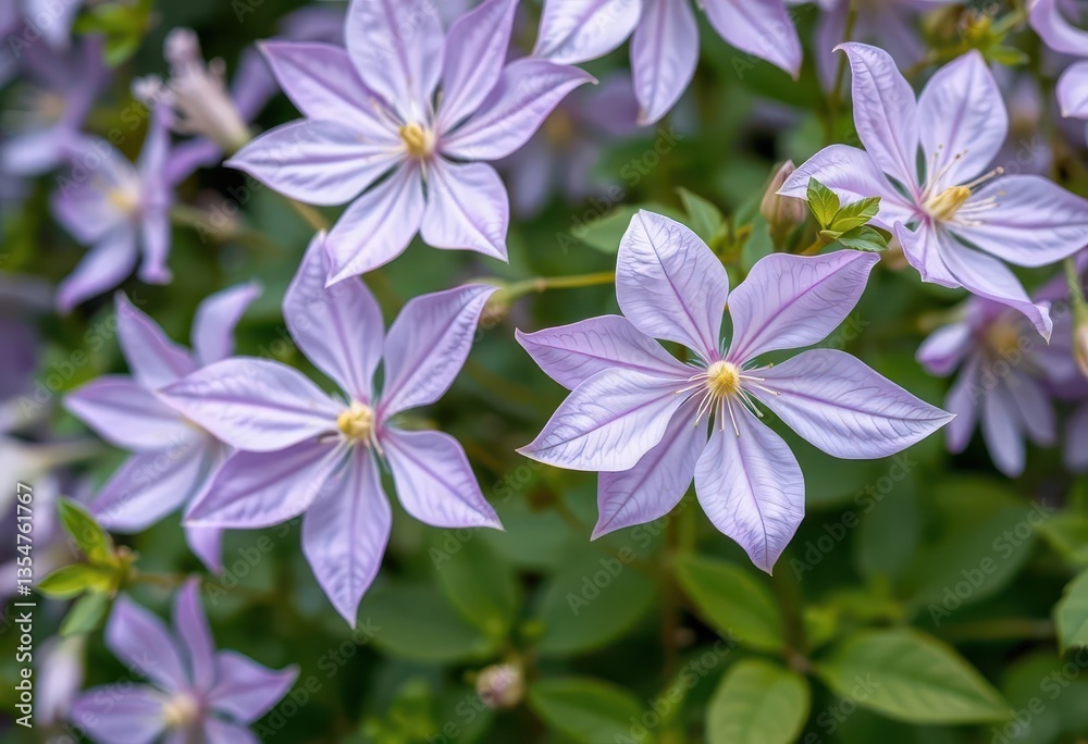 Delicate light purple clematis blossoms, vibrant petals against soft green foliage, stamens, plant Delicate light purple clematis blossoms, vibrant petals against soft green foliage, stamens, plant