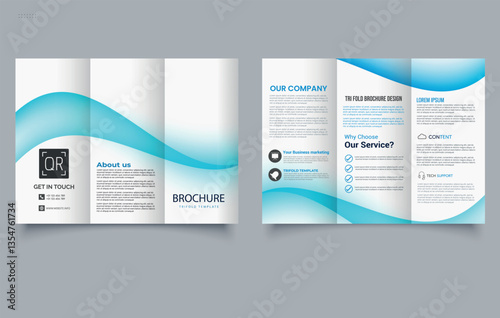Modern Blue wave Trifold Brochure Template Design. Editable image.