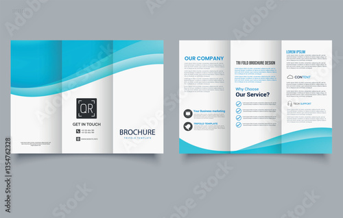 Modern Blue wave Trifold Brochure Template Design. Editable image.