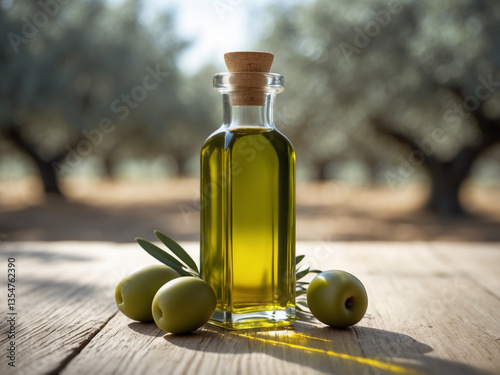A glass bottle of olive oil with fresh olives on a rustic wooden table, set against an olive grove background. Perfect for food, health, and organic product concepts.