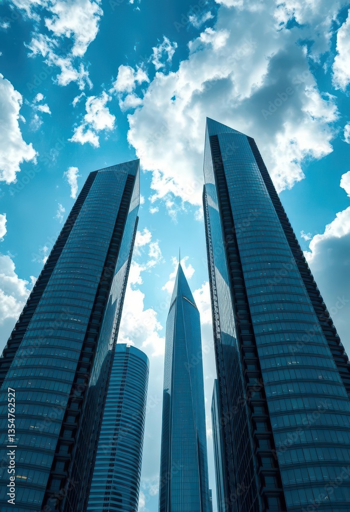 Naklejka premium Futuristic skyscrapers pierce a cloudy sky, reaching for the heavens, futuristic, city