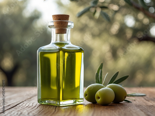 A glass bottle of olive oil with fresh olives on a rustic wooden table, set against an olive grove background. Perfect for food, health, and organic product concepts.