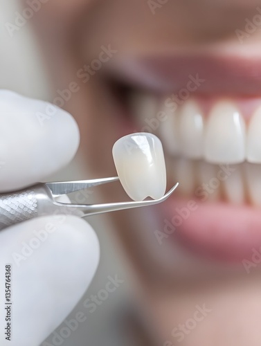 Dentist holding a porcelain veneer with tweezers