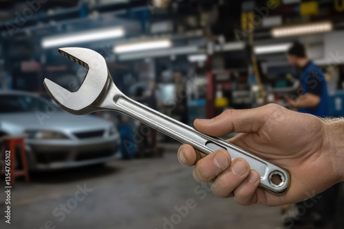 Wallpaper Mural Car mechanic grips a wrench, preparing for repairs in a busy auto shop environment Torontodigital.ca