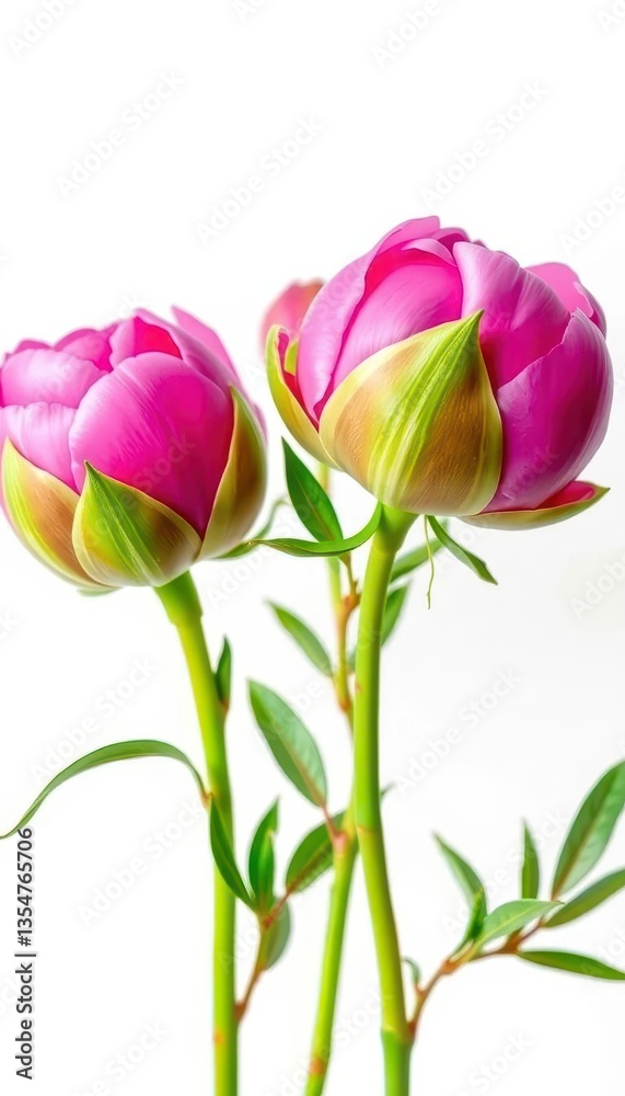 Fototapeta premium Three unopened peony rose buds, pristine white background, garden, flower, blossom