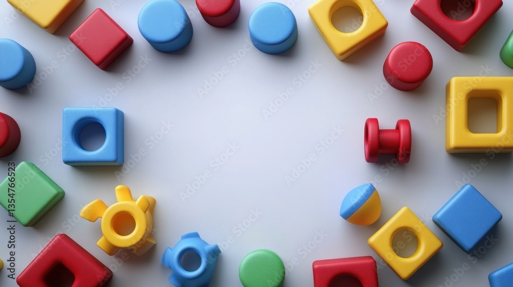 Obraz premium Colorful geometric shapes toys arranged in a circle frame on a white background.