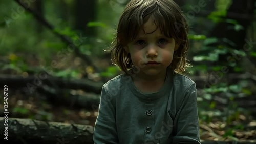 Sad child sitting alone in a dark forest