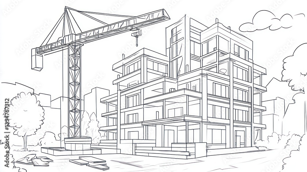 Architectural Drawing of Construction Site with Crane Architectural Drawing of Construction Site with Crane